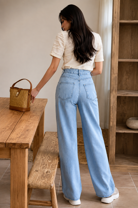 Women's Light Blue High-Rise Wide-Leg Jeans